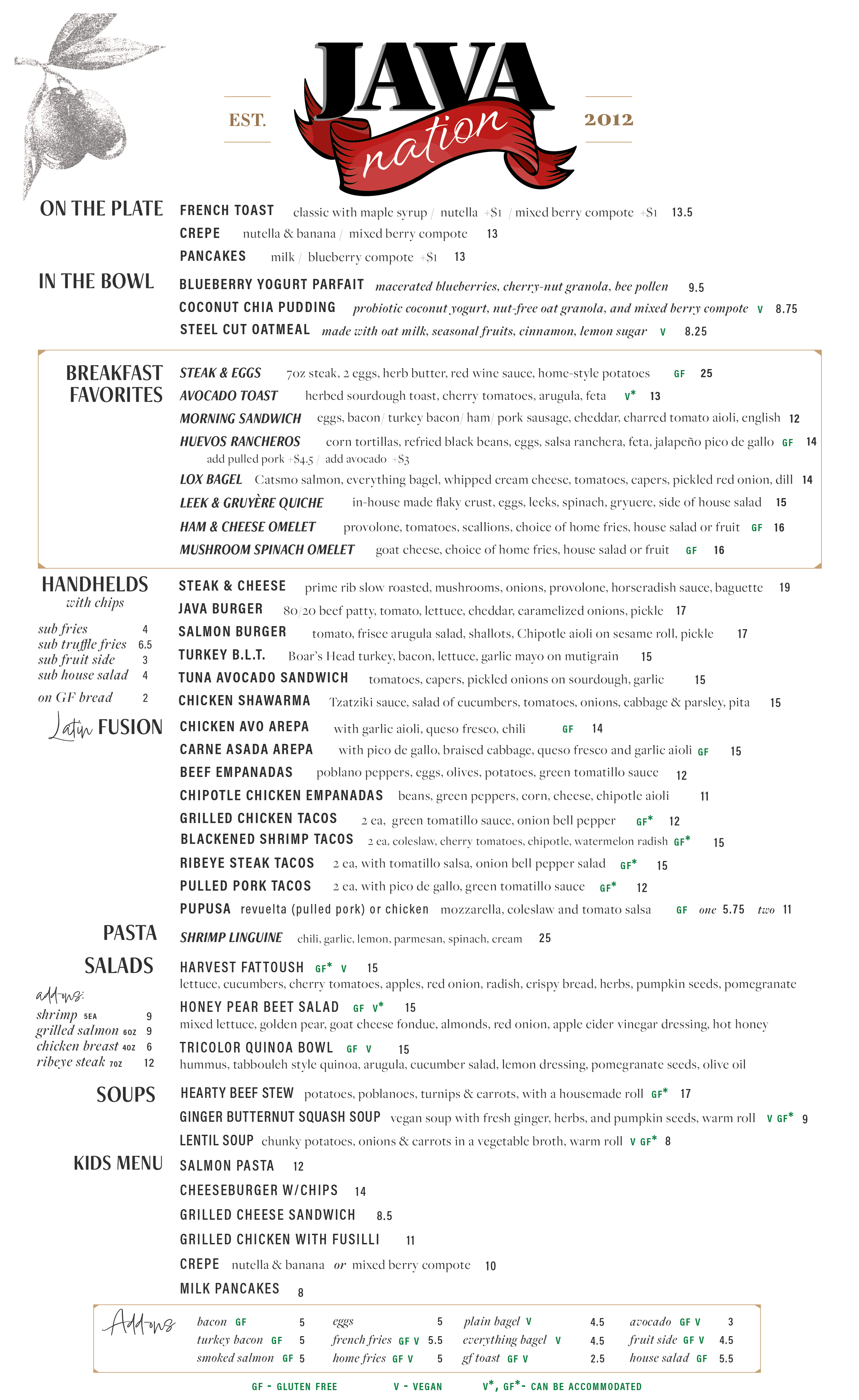 Kensington Menu Page 1